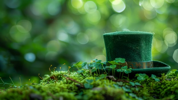 A green hat with a shamrock on it is sitting on a mossy patch of grass. The hat is surrounded by green moss and he is a symbol of Irish culture. Concept of nature and the outdoors. Patrick's Day photo