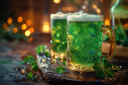 Two green mugs of beer with bubbles on top. The mugs are on a wooden table with a green leaf on it. Patrick's Day beverage for Irish holiday. Celebration drink photo