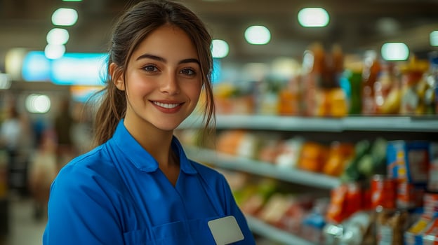 A saleswoman at the cash register in a blue uniform serves customers photo