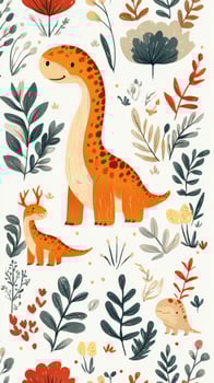 Colorful dinosaurs among vibrant flowers and foliage in a playful, artistic composition photo