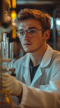 Chemist conducting experiments with glassware in a modern laboratory setting during evening hours photo
