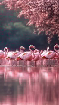 A flock of pink flamingos standing in the water photo