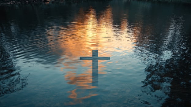 A cross is reflected in the water at sunset photo
