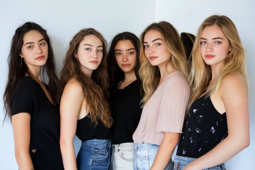 Five young women standing next to each other photo