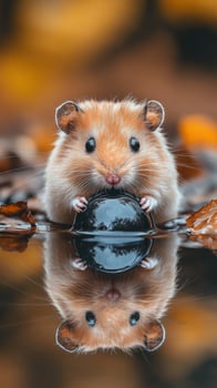 A hamster sitting in the water with leaves on the ground photo