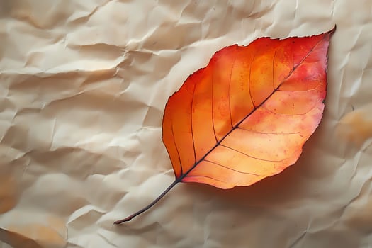 Single Orange Autumn Leaf on Wrinkled Beige Paper Background Red Fall Color Brown Image Plant Still photo