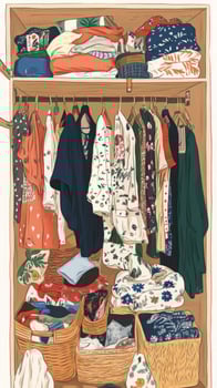 Chaotic closet filled with clothes and disorganized items in dimly lit space photo