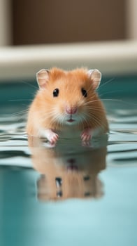Cute small golden hamster standing on a reflective surface with soft blurred background photo