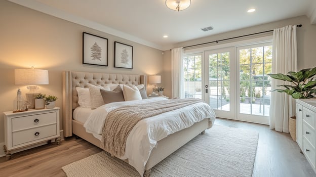 A bright and inviting bedroom featuring a plush bed, soft linens, and stylish decor. Large windows allow natural light to fill the space, making it a perfect retreat for relaxation. photo