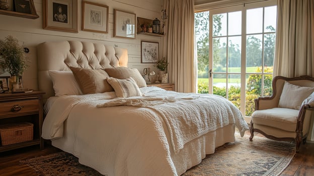 A bright and inviting bedroom featuring a plush bed adorned with soft linens and pillows. Natural light flows in through large windows, enhancing the tranquil atmosphere and elegant decor. photo