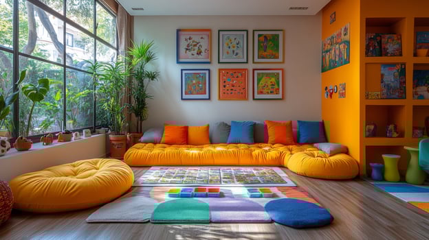 A bright playroom features large yellow cushions, vibrant artwork on the walls, and a colorful rug. Sunlight streams in through large windows, creating a cheerful atmosphere. photo