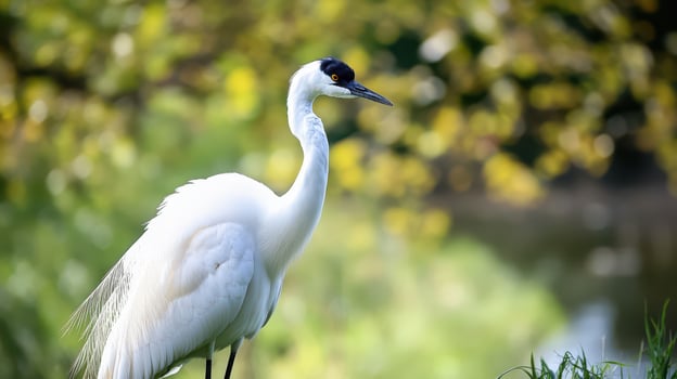 A white crane standing on the grass next to a pond photo
