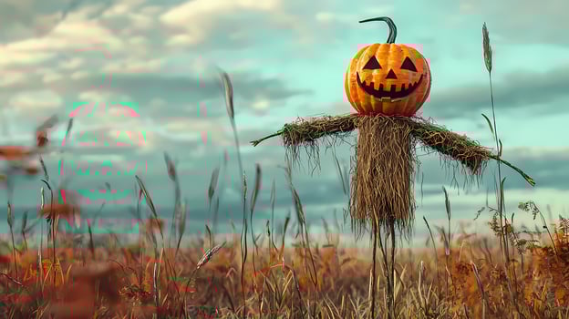 Spooky Halloween Scarecrow Pumpkin Field Autumn Harvest Festive Fun Sky Fall Farm Scary Rural Brown photo
