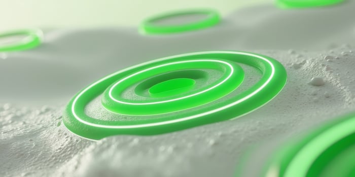 Abstract green glowing concentric circles on textured surface. photo