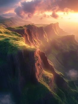 Misty mountain landscape illuminated by sunset glow photo