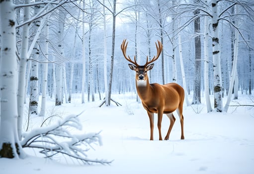 A deer is standing in the snow in a forest photo