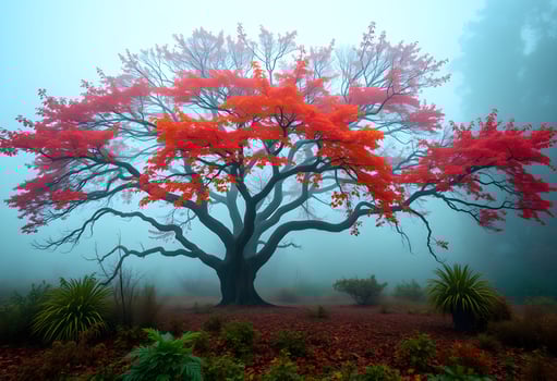 A red tree in the fog with foggy trees photo