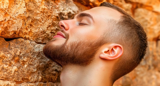 Close up profile of a young man with a beard, eyes closed, relaxing against a stone wall photo