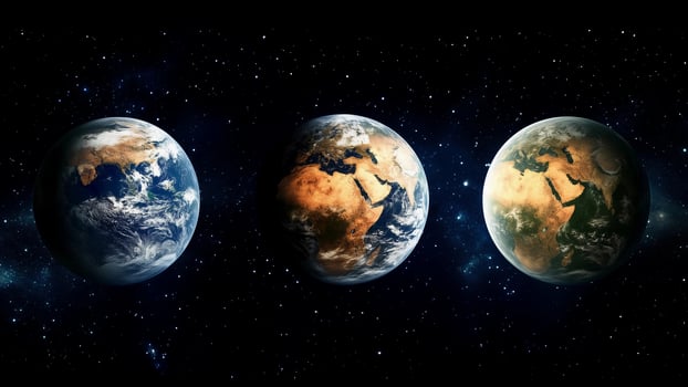 Three planets in the sky, one is blue, one is brown and one is green photo