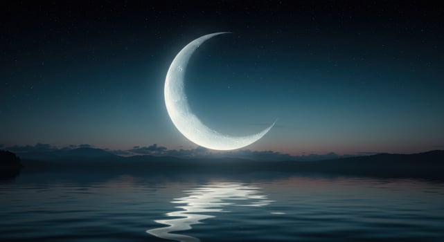 Serene Crescent Moon over Calm Water Night Sky Landscape Peaceful Nature Scene dark blue lake stars photo