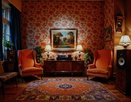 A living room with a rug and two chairs photo
