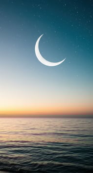 Crescent Moon over Serene Ocean Sunset Peaceful Night Sky Starry calm dark blue stars water image photo