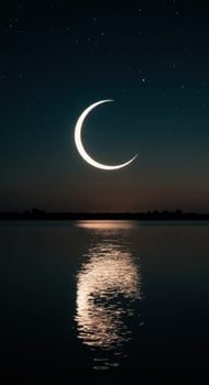 Crescent Moon Night Sky Peaceful Lake Reflection Serenity Nature Dark Calm Water Stars Space Still photo