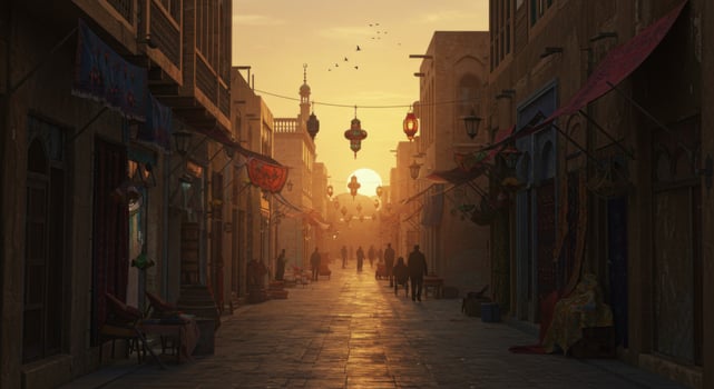 Golden Sunset Arabian Street Market Scene Evening People Walking city warm lamps light shops travel photo