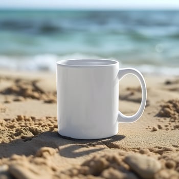 A blank white mug resting on sandy beach, with ocean waves in the background. photo