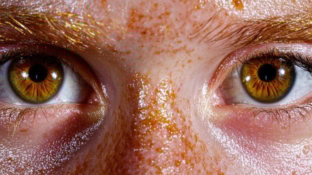 Close up of a persons eyes with freckles and light brown irises photo
