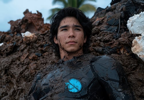 Muddy Teenager in Futuristic Armor photo
