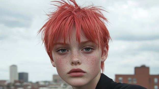 Close up portrait of a young woman with short, bright red hair and freckles photo