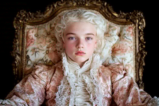 Young boy in a historical costume sitting on an ornate chair photo
