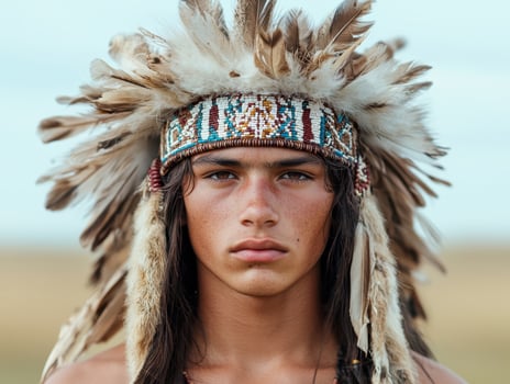 Portrait of a young man in traditional native american headdress photo