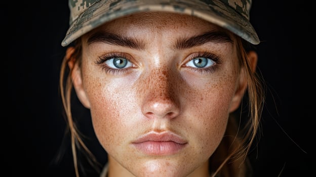 Close up portrait of a young woman with freckles and blue eyes, wearing a military cap photo