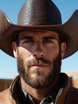 Close up portrait of a man with a beard wearing a cowboy hat. photo
