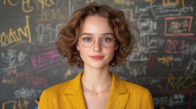 Young woman with curly hair and glasses smiling. photo