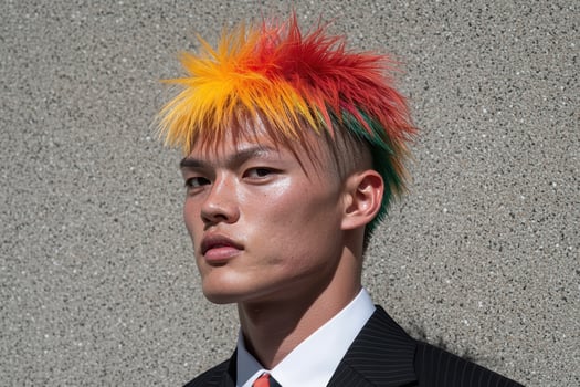 Stylish young man with vibrant multicolored hair photo