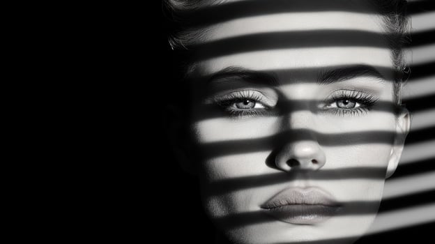 A woman with her eyes closed and blinds behind her photo