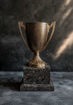 Gold trophy on dark stone pedestal photo