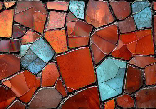 Irregular terracotta and turquoise mosaic tile wall texture photo