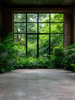 Modern minimalist interior with large window and lush greenery photo