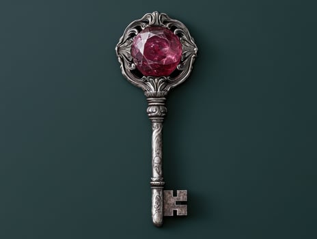 Antique ornate key with a red gemstone top photo