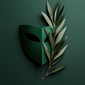 Green masquerade mask with olive branch photo