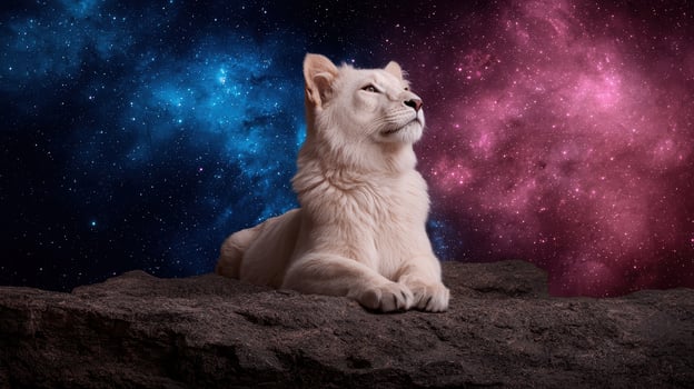 Majestic white lion cub gazing at the cosmos photo