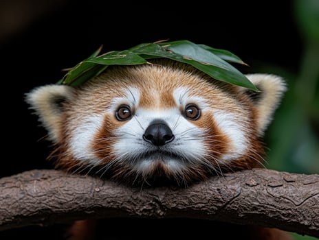 Adorable red panda cub wearing a leaf hat photo