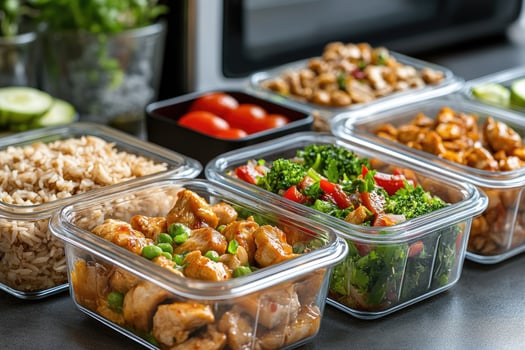 Meal prepping containers filled with delicious healthy food including chicken, broccoli and rice photo