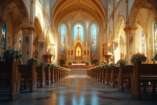 Sunlight illuminating church interior decorated with flowers for wedding ceremony photo