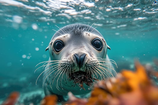 Curious seal pup swimming underwater in turquoise water. photo