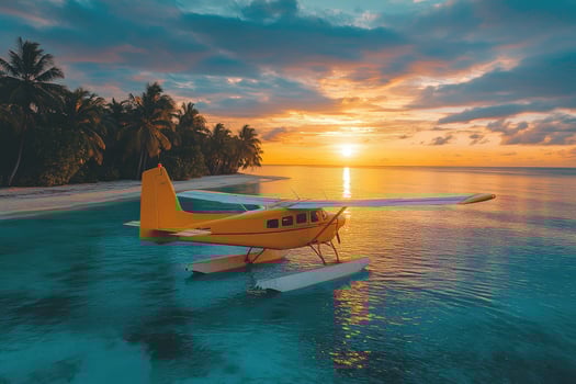 Yellow seaplane floating on turquoise water near tropical island at sunset photo